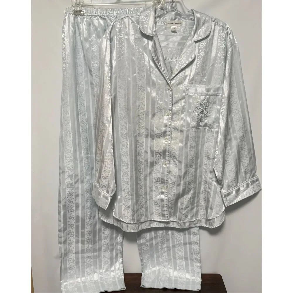 Miss Elaine two piece pant pajama set light blue poly blend size medium